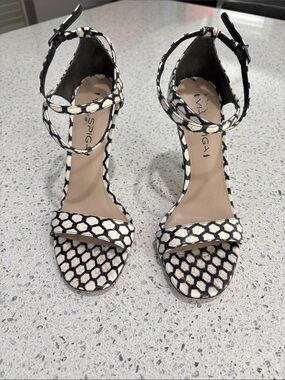 Via Spiga V-Tiara2 Black & White Patterned Ankle-Strap Heels